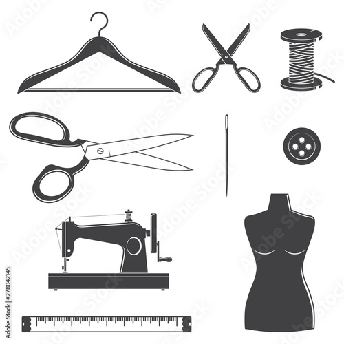 Set of sewing dressmaking and tailoring equipment silhouette icons. Vector. Set include sewing needle, mannequin, button, hanger and scissors. Equipment icons for for sewing shop business