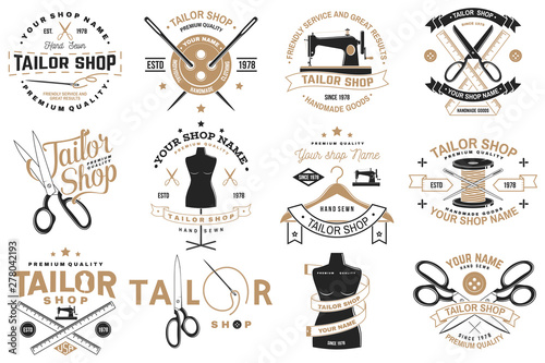 Tailor shop badge. Vector. Concept for shirt, print, stamp label or tee. Vintage typography design with sewing needle and scissors silhouette. Retro design for sewing shop business