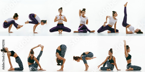 Sporty young woman doing yoga practice isolated on white studio background. Collage made of photos of 1 female model. Concept of healthy lifestyle and natural balance between body and mental