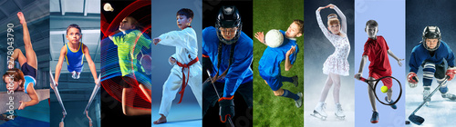 Creative collage made of photos of 9 caucasian models. Childrens in sport and healthy lifestyle. Hockey, gymnastick, badminton, football, soccer, tennis, figure skating, athletics, taekwondo.