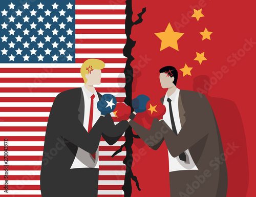 two business people wearing boxing gloves for fight , flag of USA and China at background. trade war between USA and China concept