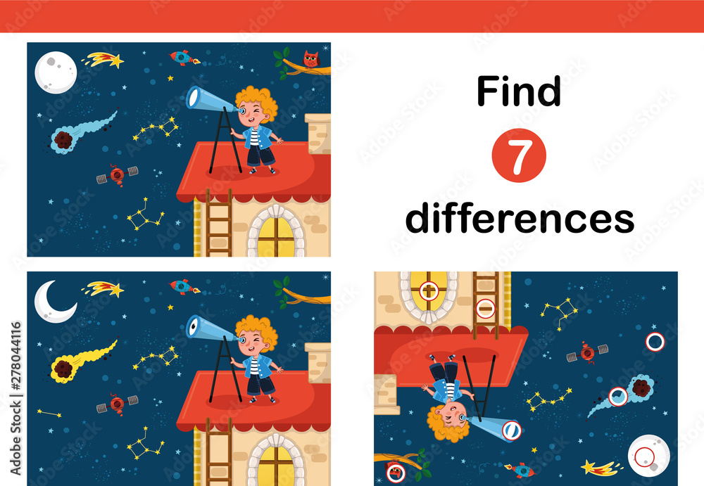 Naklejka premium Find 7 differences education game for children. Science loving kid observes space.(Vector illustration