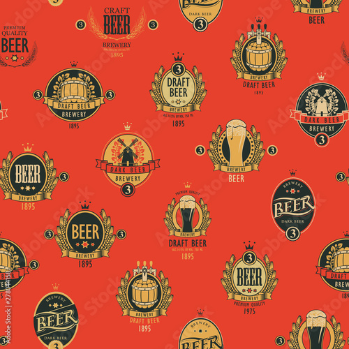 Vector seamless pattern on the theme of beer with various beer labels with images of barrels, beer glasses, mills, laurel wreathes, ears of wheat and other in retro style on red background