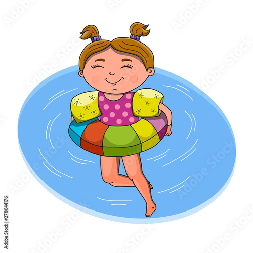 Smiling teenage girl relax on floating inner swimming tube, wears baby toddler float ring arm sleeves vest safety swimming accessories. Colored cartoon vector illustration isolated on white background