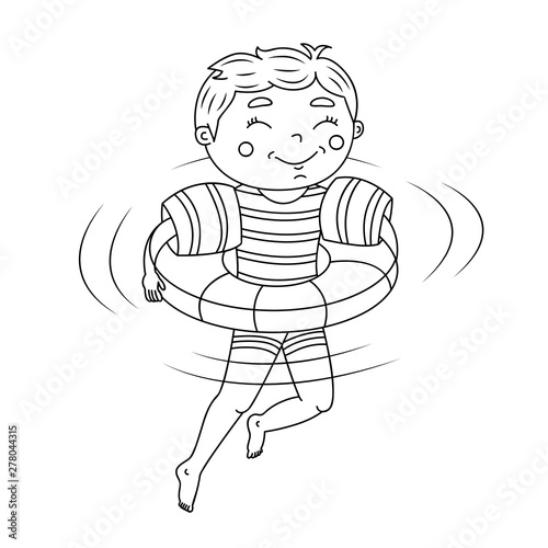 Smiling teenage boy relax on floating inner swimming tube, wears baby toddler float ring arm sleeves vest safety swimming accessories. Black and white doodle cartoon vector illustration isolated, kids
