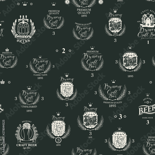 Vector seamless pattern on the theme of beer with various beer labels with images of barrels, beer glasses, ears of wheat, mills, laurel wreathes and other in retro style on black background