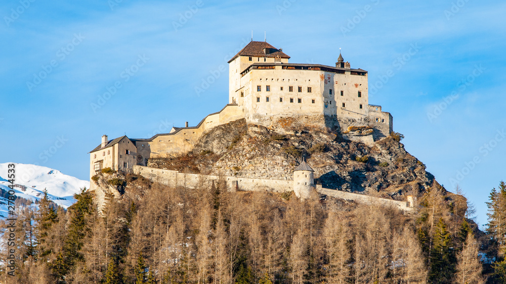 Tarasp Castle - fortified mountain castle in Swiss Alps, Engadin, Switzerland