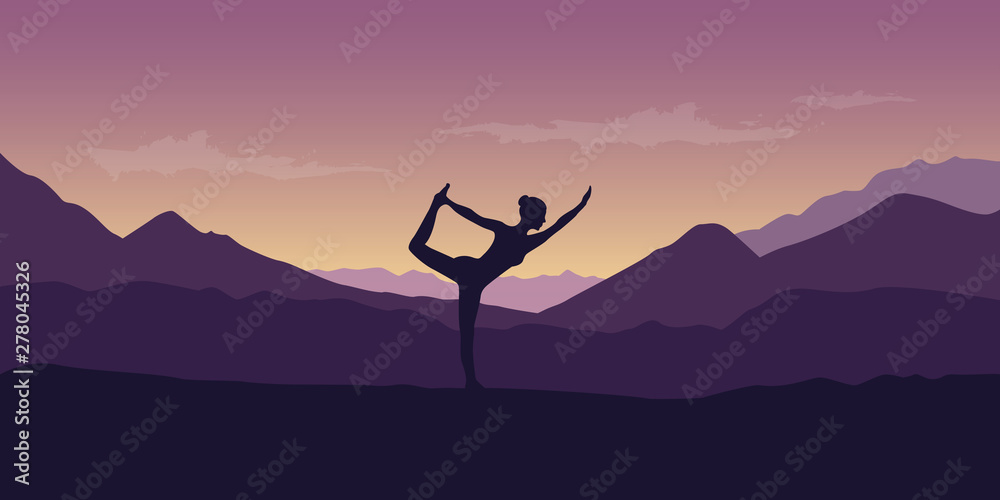 Fototapeta premium woman makes yoga pose at beautiful purple mountain nature landscape vector illustration EPS10