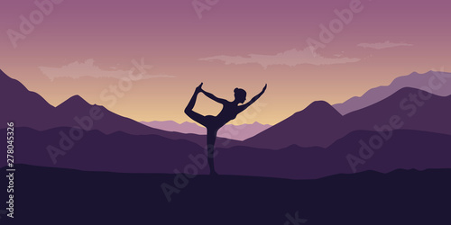 woman makes yoga pose at beautiful purple mountain nature landscape vector illustration EPS10