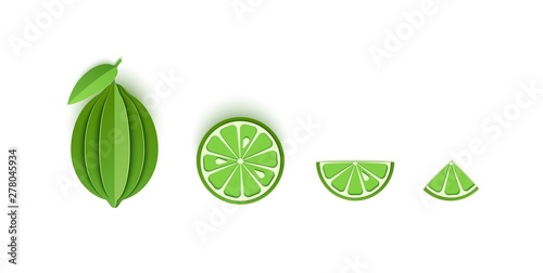 Set of lime sliced paper citrus fruit sliced whole, triangular and round slices, design for any purpose. Summer green lemon juicy food. Vector card 3d illustration. Tropical papercraft layers fruit.