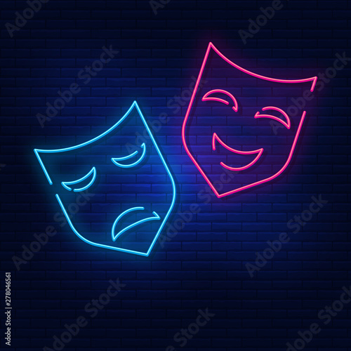 Neon lighting theatrical mask. Bright is the mask. Modern vector logo, banner, poster, mask pattern. Night advertising on the background of a brick wall. Vector illustration. The sign of the mask.