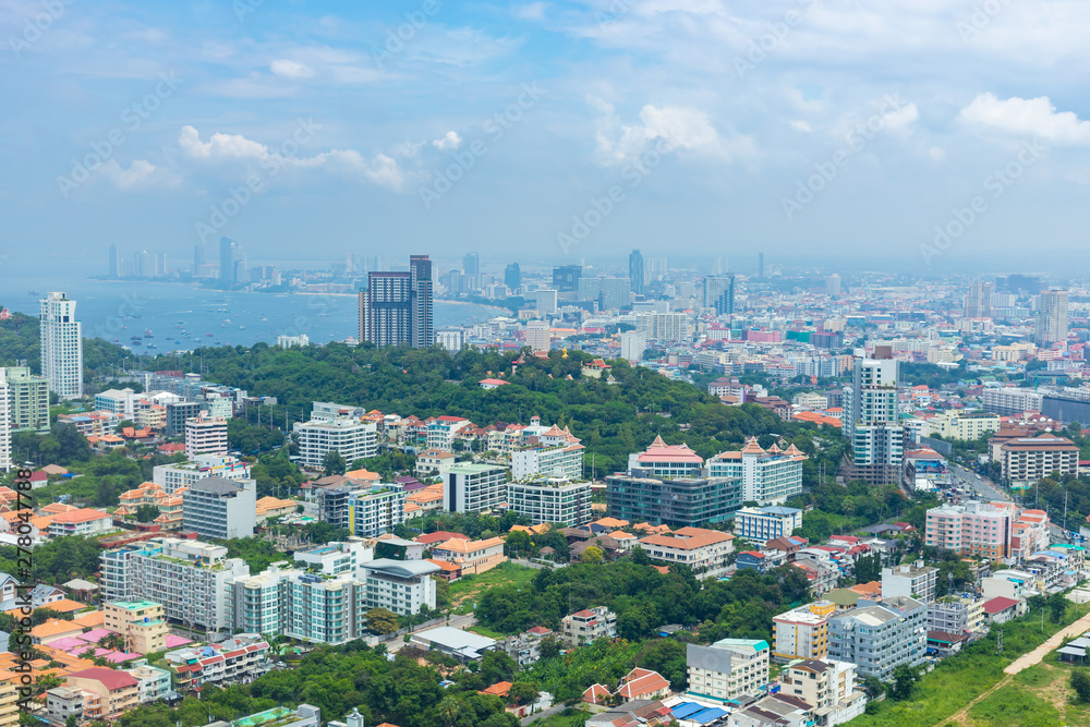 Naklejka premium Beautiful cityscape skyline of Pattaya in Thailand from the view point. Aerial view of Pattaya city.