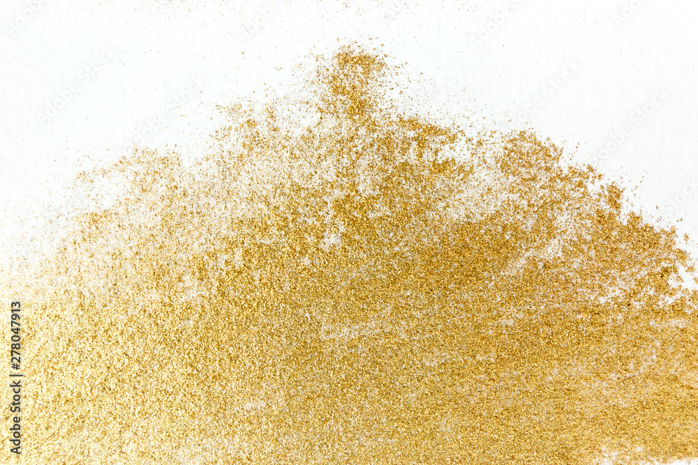 Golden glitter sparkle texture on white background.