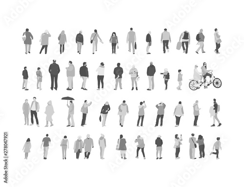 Set crowd of people characters performing various activities. Group of men and women flat design style cartoon characters.