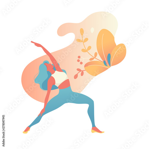 Slim sportive young woman doing sports, fitness, yoga exercises. Flat vector sport illustration modern design isolated on gradient and plants background.-vector