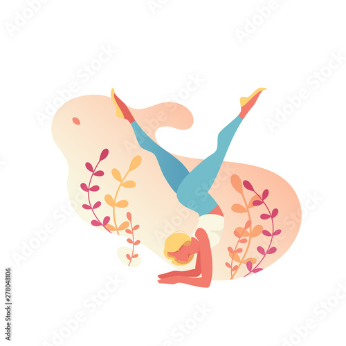 Slim sportive young woman doing sports, fitness, yoga exercises. Flat vector sport illustration modern design isolated on gradient and plants background.-vector