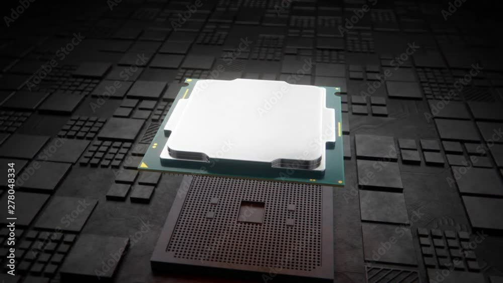 Installing CPU on Motherboard circuit with microchips, electric wave ...