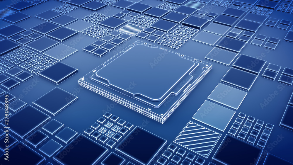 Installing CPU on Motherboard circuit with microchips, electric wave ...