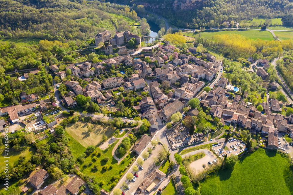 Aerial view of medieval village of Bruniquel in Occitania, France