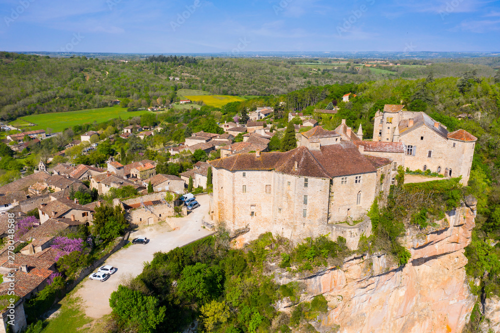 Aerial view of Castle of Bruniquel is a good example of  early 12th century castle, Occitanie, France. The whole site has been classified as a historic monument and has recently been restored.
