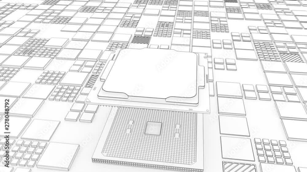 Installing CPU on Motherboard circuit with microchips, electric wave ...