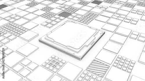 Installing CPU on Motherboard circuit with microchips, electric wave and signals 3d render