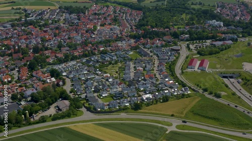 Aerial of Lauterbach close to Winnenden in Germany. With round pan to the right on to the Autobahn, Highway- photo