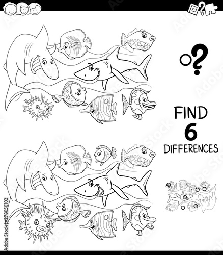 differences color book with happy fish characters