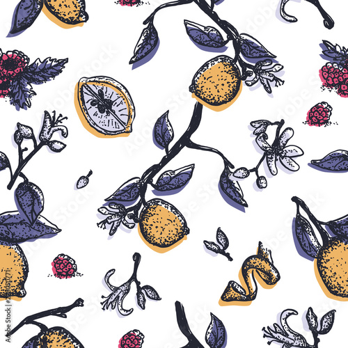 Seamless pattern with lemon branches, flowers and raspberry