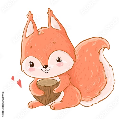 Cute cartoon squirrel with hazelnut