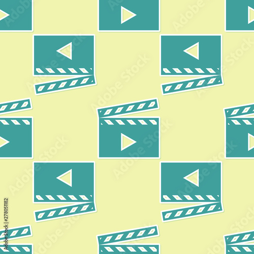 Green Movie clapper icon isolated seamless pattern on yellow background. Film clapper board icon. Clapperboard sign. Cinema production or media industry concept. Flat design. Vector Illustration