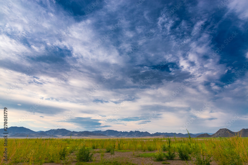 panoramic view of plain at root of mountains with white fluffy clouds in blue sky 