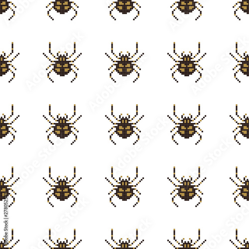 Pixel seamless pattern with 8 bit spider. Vector Illustration.