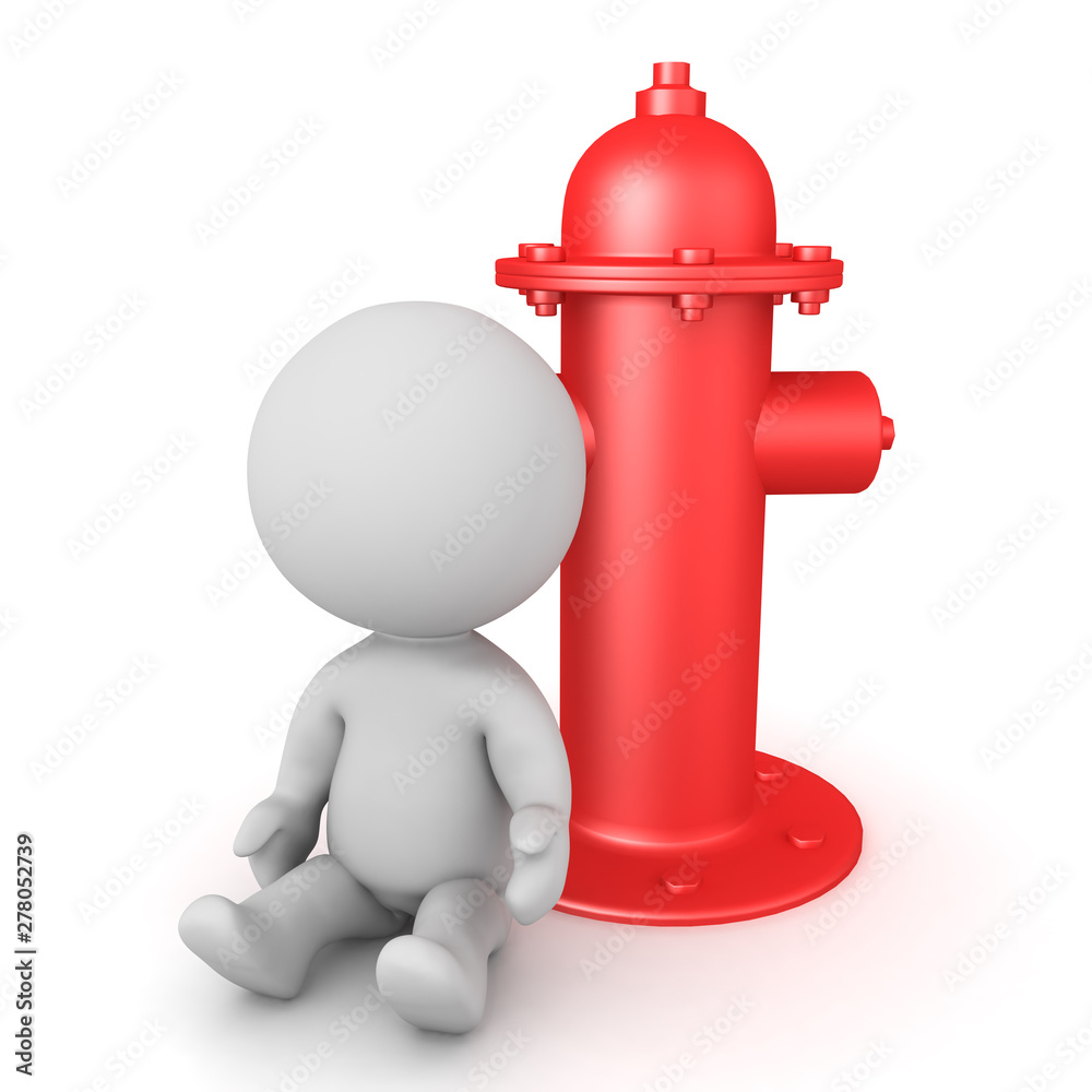 3D Character sitting next to red fire hydrant