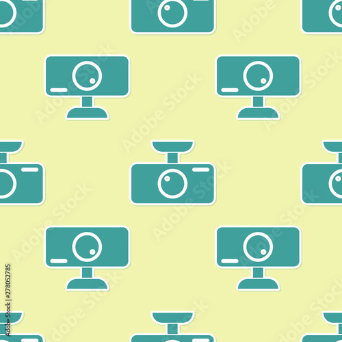 Green Car DVR icon isolated seamless pattern on yellow background. Car digital video recorder icon. Flat design. Vector Illustration
