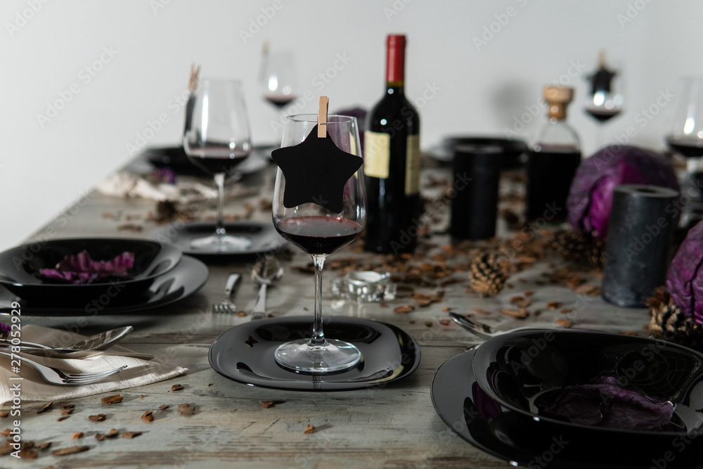 Beautiful table setting with lavender flowers on wooden background