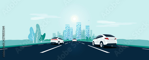 Traffic on the highway panoramic perspective horizon vanishing point view. Flat vector cartoon style illustration urban landscape street with cars, skyline city buildings and road going to the city.