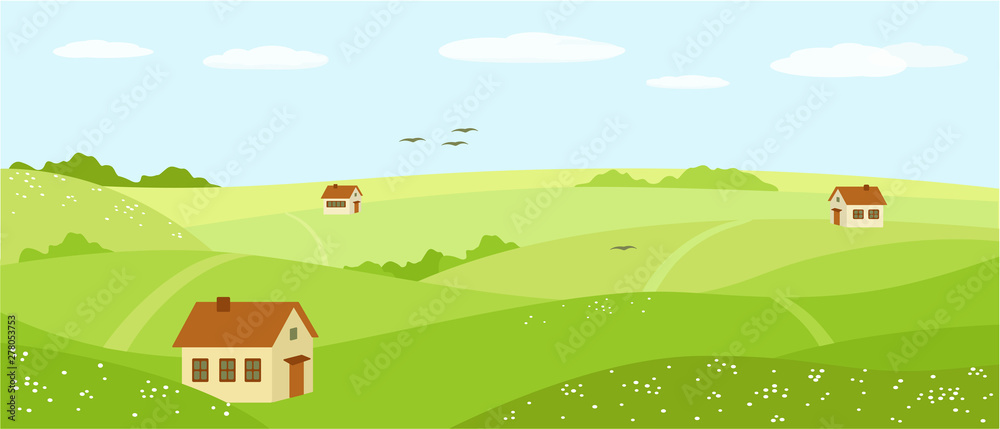 Summer nature, landscape and village houses. Field, green hills, blue sky with clouds, meadow with flowers. Vector illustration
