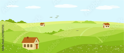 Summer nature, landscape and village houses. Field, green hills, blue sky with clouds, meadow with flowers. Vector illustration