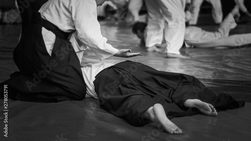 Black and white image of aikido. ?thlete girls involved in martial art of Aikido. The traditional form of clothing in Aikido. photo