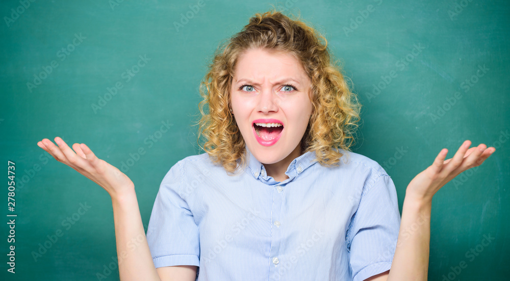 stop studying. girl teacher at school lesson. back to school. Girl likes studying. knowledge day. empty blackboard information. shouting student at blackboard. homework education. September 1 stop studying. girl teacher at school lesson. back to school. Girl likes studying. knowledge day. empty blackboard information. shouting student at blackboard. homework education. September 1
