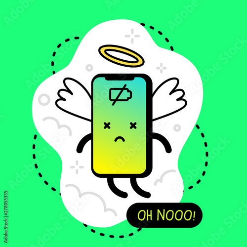 Vector creative illustration of angel completely discharged smart phone character with face, wing and nimbus.