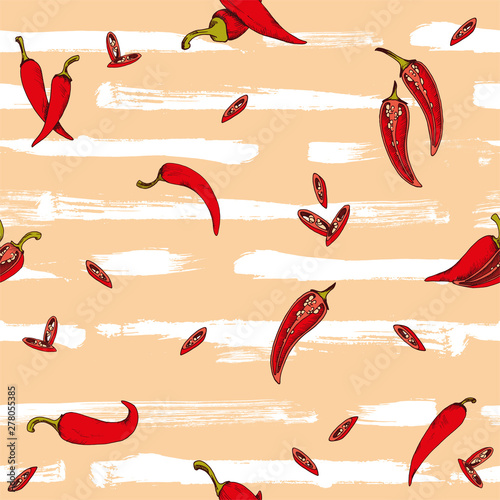 Vector seamless pattern with chili peppers food and vegetables on a grunge stripes with whitel brush stroke