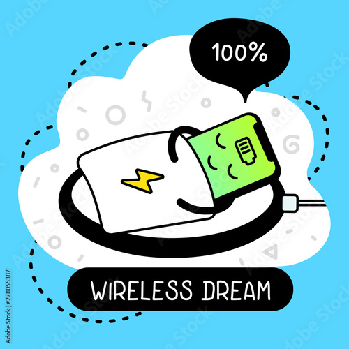 Vector creative cartoon illustration of happy charging smart phone character with battery indicator sleeping on wireless charging.