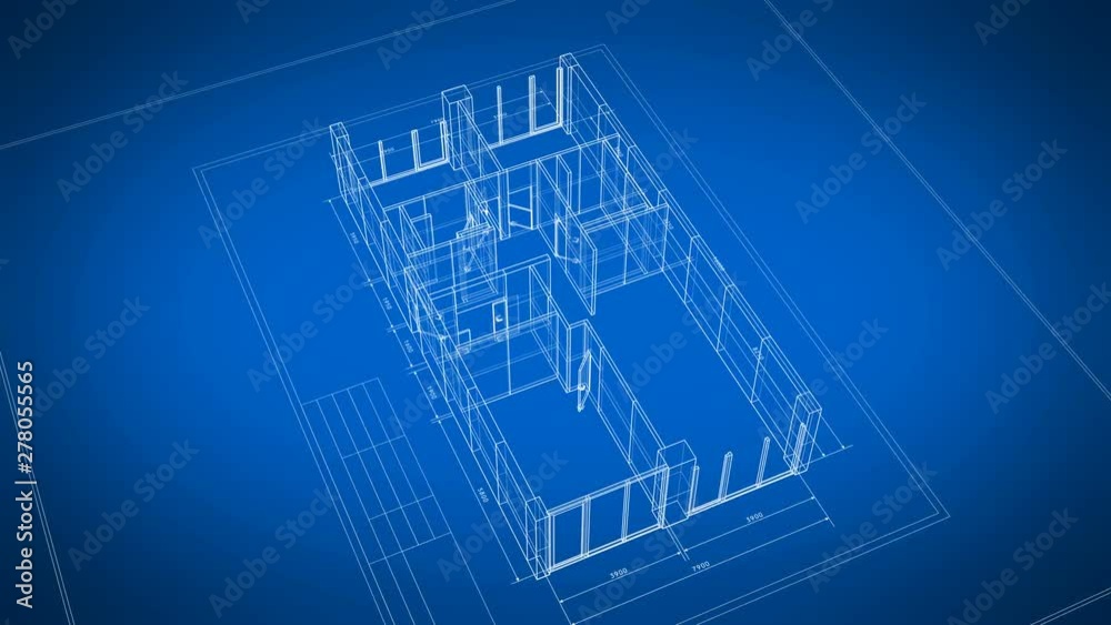 Beautiful 3d Blueprint of Building Apartments Turning on Blue Background. Last Turn is Loop-able. Looped 3d Animation of Abstract Blueprint. Construction Business Concept. 4k Ultra HD 3840x2160.