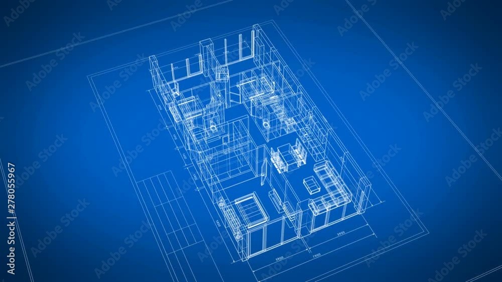 Beautiful Abstract 3d Blueprint of Building Apartments with Furniture Turning on Blue Background. Last Turn is Loop-able. Looped 3d Animation. Construction Business Concept. 4k Ultra HD 3840x2160.