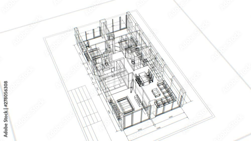 Abstract Apartments Building Process with Furniture on White Background. Last Turn is Loop-able. Looped 3d Animation of Rotating Blueprint. Construction Business Concept. 4k Ultra HD 3840x2160.