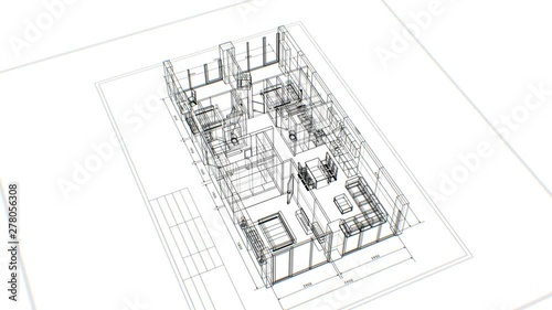 Abstract Apartments Building Process with Furniture on White Background. Last Turn is Loop-able. Looped 3d Animation of Rotating Blueprint. Construction Business Concept. 4k Ultra HD 3840x2160.