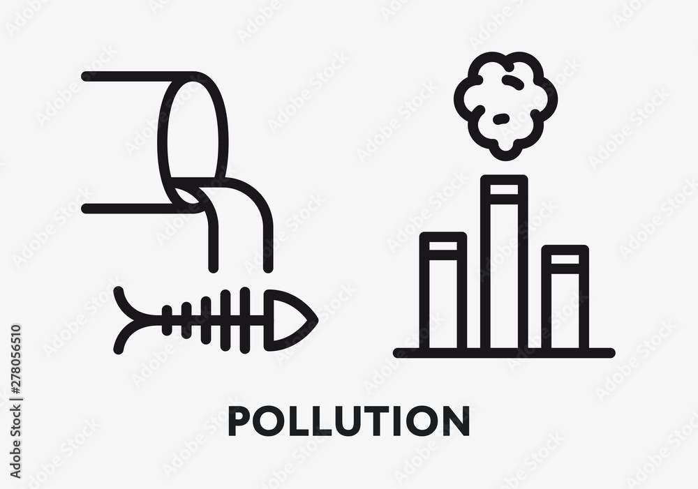 Air and Water Pollution. Dead Fish, Factory Tube Smoke. Flat Line Icon. Air and Water Pollution. Dead Fish, Factory Tube Smoke. Flat Line Icon.
