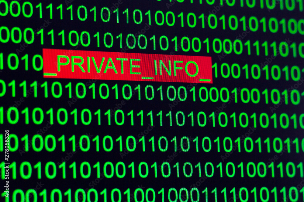 Words private info in binary code green on a black background Words private info in binary code green on a black background